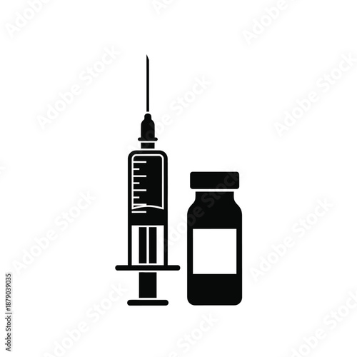 Vector illustration icon black silhouette of a medical syringe and a vaccine bottle