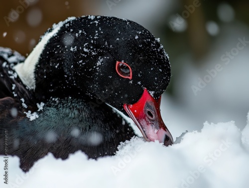 Elegant all black muscovy duck foraging in soft white snow during a serene winter day