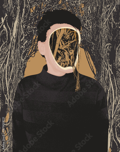 Surreal portrait with a hole where his face, revealing tangled, tree roots against a wooden background. Symbolizes loss identity, inner emptiness or transformation.