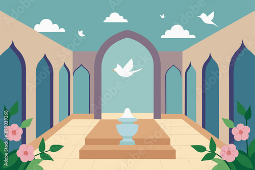 Marble Courtyard with Flowering Vines and Doves