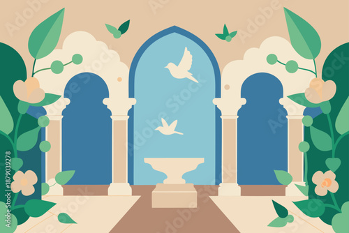 Marble Courtyard with Flowering Vines and Doves