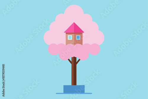 Miniature Treehouse Atop Pink Cotton Candy Tree