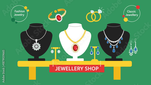 jewelry shop display with necklaces and earrings on mannequins