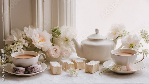 Wallpaper Mural Elegant afternoon tea setting with white teapot, teacups, pastries, macarons, and delicate flowers Torontodigital.ca