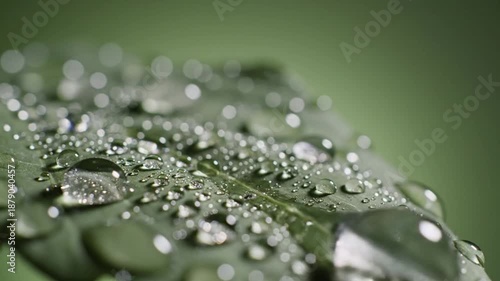 Macro View of Dew Droplets Resting on Green Leaf Surface in Natural Setting