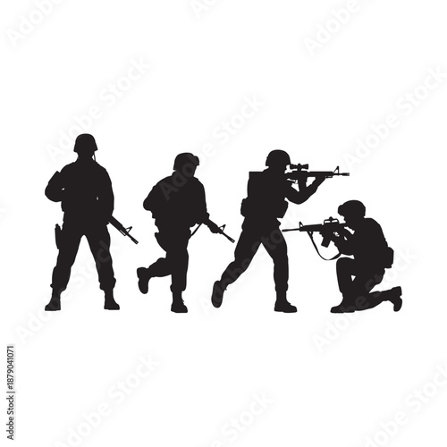 Silhouette of soldiers in combat formation weapons drawn dynamic pose