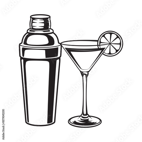Cocktail shaker and martini glass with lemon slice black and white design