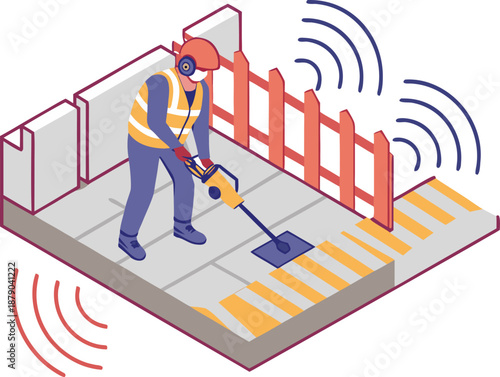 Noise reduction concept with construction worker using jackhammer, surrounded by portable acoustic barriers to control urban sound pollution.