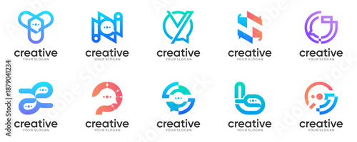 Set of Modern Letter Talk Identity logo design inspirations. Abstract vector of Initial and Speech Bubble for Technology and Communication, colourful icon template.