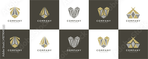 Set of Modern Growth Arrow and Building Skyscraper logo design inspirations. Creative vector of Luxury Finance and Business Identity, abstract Gold and Black icon template. 