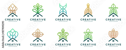 Set of Eco-Friendly House and Green Leaf logo design inspirations. Creative vector of Organic Garden and Property for Sustainable Living, minimal lines colourful icon template. 