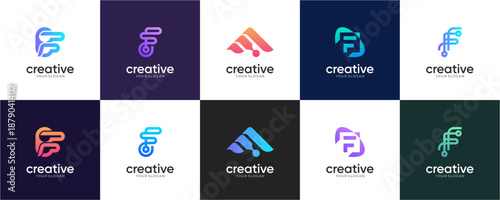 Set of Modern Abstract Letter F Tech and Digital Business logo design inspirations. Creative vector for Branding, Identity, Startup and Innovation, monogram colourful icon template.