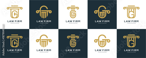 Set of Letter G Law Firm with Pillar Concept logo design inspirations. Creative vector of Professional Attorney and Lawyer, modern gold colour icon template. 