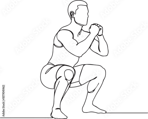 A minimalist line drawing of a man performing a squat exercise