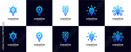 Set of Creative Tech Bulb with Circuit and Network Elements logo design inspirations. Creative vector of Future Energy and Connectivity, modern blue gradient icon template.