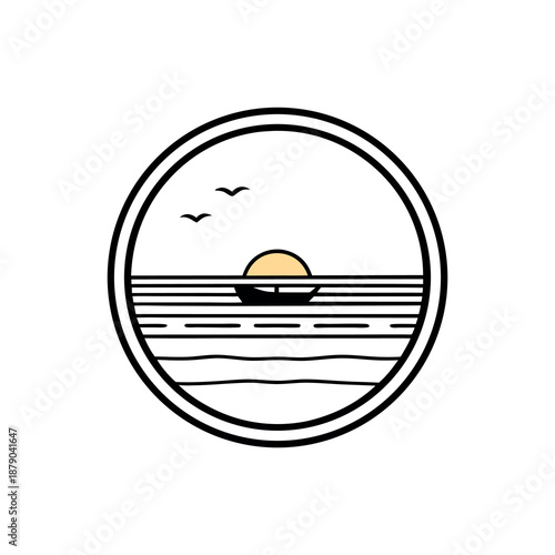 Minimalist logo design circular beach scene sunset 