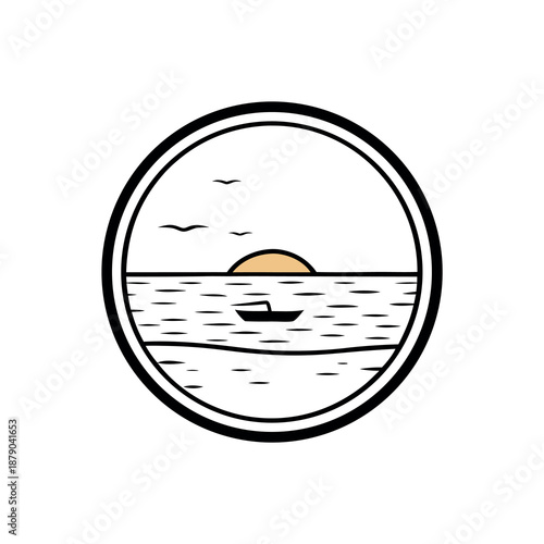 Minimalist logo design circular beach scene sunset 