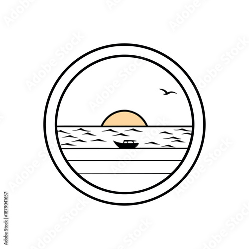 Minimalist logo design circular beach scene sunset 