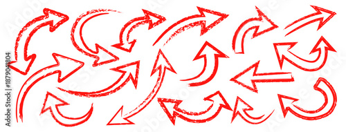 Arrow hand drawn icons crayon and chalk style with curved lines and grunge scribble texture. Vector illustration.