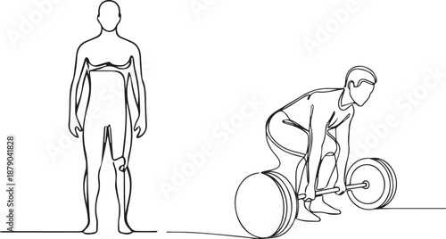 Simple line drawing depicting a person standing and another lifting weights