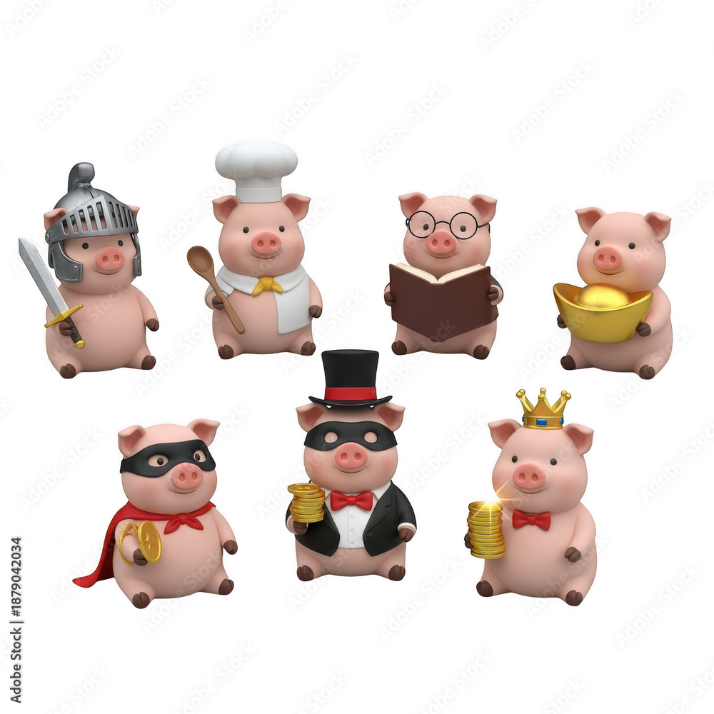 Fototapeta premium Whimsical pig figurines in various occupations isolated on transparent background