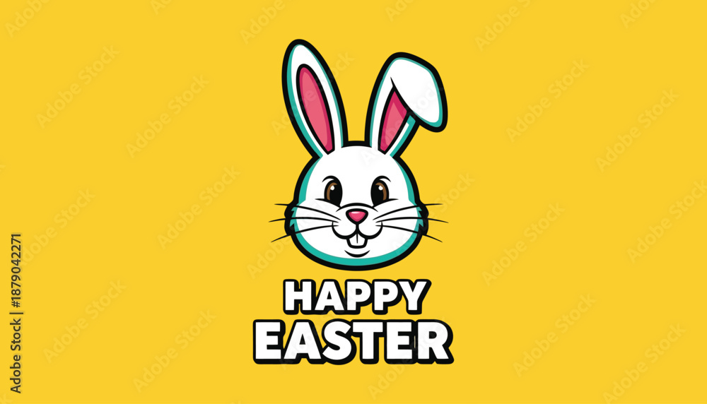 Fototapeta premium Easter bunny face with happy easter text on yellow background