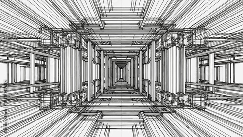 Abstract Futuristic Geometric Wireframe Tunnel Structure on Isolated White Background