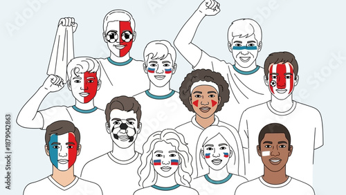 Diverse group of enthusiastic sports fans cheering with painted faces, showing support in bright studio, light blue background.