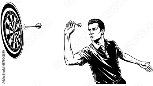 Focused man throwing a dart towards a dartboard, engaging in a competitive game, isolated white background.