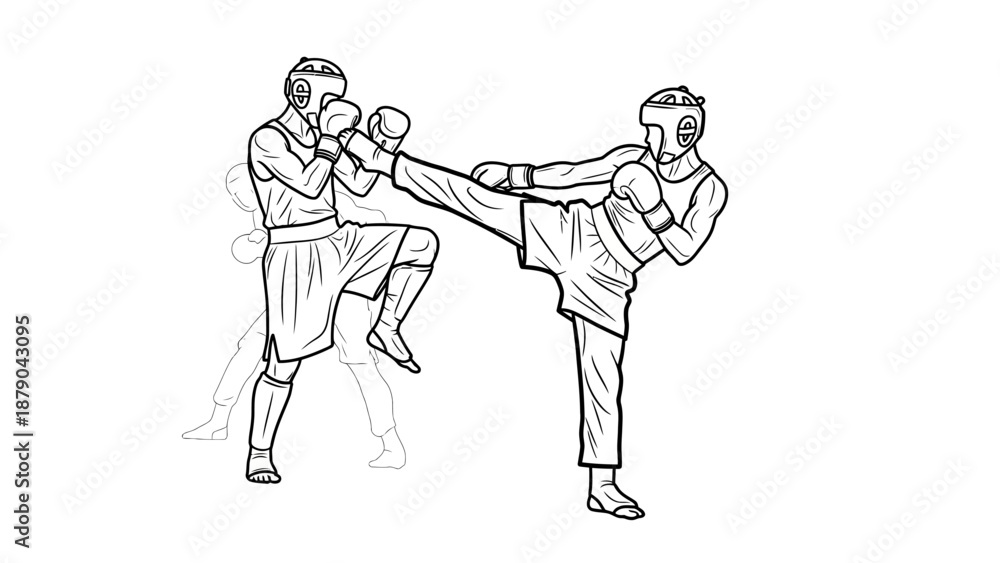 Fototapeta premium Two Martial Arts Fighters Sparring with Kicks and Punches, Dynamic Training Session, Isolated White Background.
