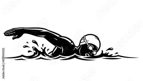 Focused swimmer doing freestyle stroke in water, showing determined movement, isolated white background.