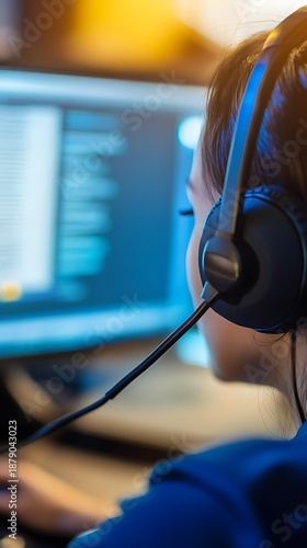Woman Wearing Headset at Computer Desk Working, Customer Service Representative or Gamer Concept