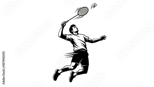 Dynamic man jumping to hit a badminton shuttlecock with a racket, energetic and agile, isolated white background.