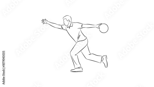 Man releasing a bowling ball down the lane in a bowling alley, active and focused, on a bright background.