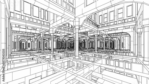 Detailed Architectural Wireframe Drawing of a Grand Building Interior, Complex Urban Design, Isolated White Background.