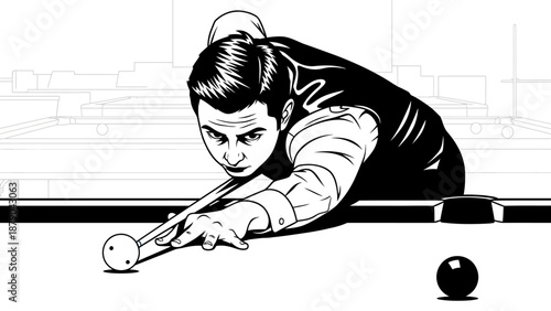 Focused man aiming a precise shot during a game of billiards or pool, concentrated and serious, in indoor setting.