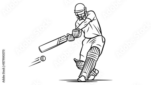 Cricket Batsman Hitting Ball with Bat, Intense Sporting Action, Isolated White Background.