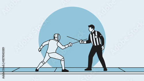 Two Men Fencing in a Competitive Match with Referee, Intense Sports Activity, Bright Blue Background.