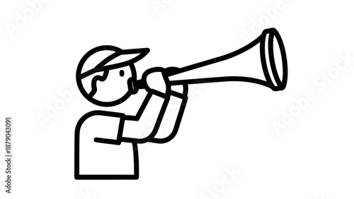 Enthusiastic person blowing a loud vuvuzela or horn, celebrating and cheering, isolated white background.