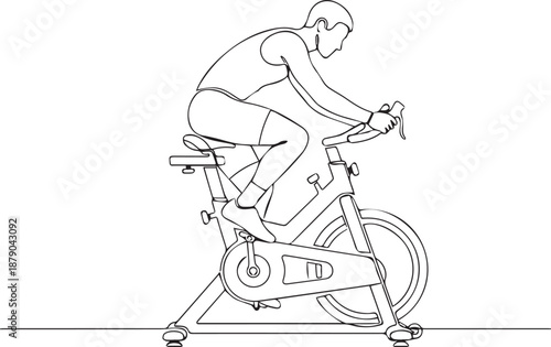 Line art illustration of a person riding an exercise stationary bike indoors