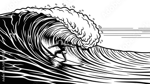 Surfer Riding Large Ocean Wave with Crashing Water, Dynamic Illustration, isolated white background
