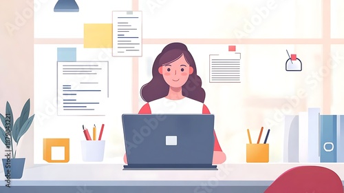 Woman Working on Laptop at Desk with Paperwork and Office Supplies Illustration