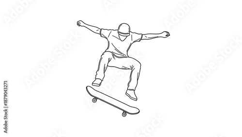 Skateboarder Performing Trick Mid-Air Above Skateboard, Urban Sports Action, isolated white background