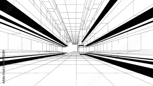 Abstract Perspective of Empty Modern Hallway or Tunnel, isolated white background