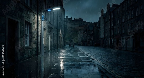 Rainy Night on a Cobblestone Street with City Castle in the Distance