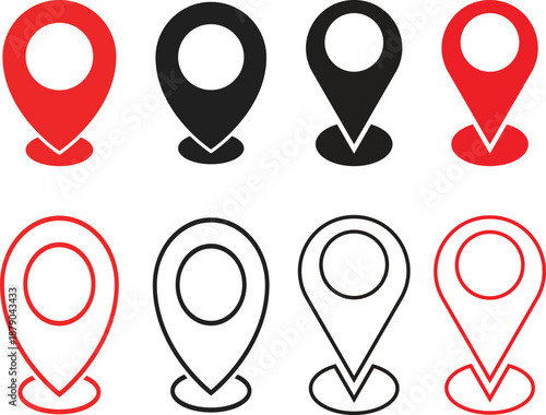  location icon set. tapered bottom shape used in map apps. Map pin place marker.  Position symbol. Point sign collection
