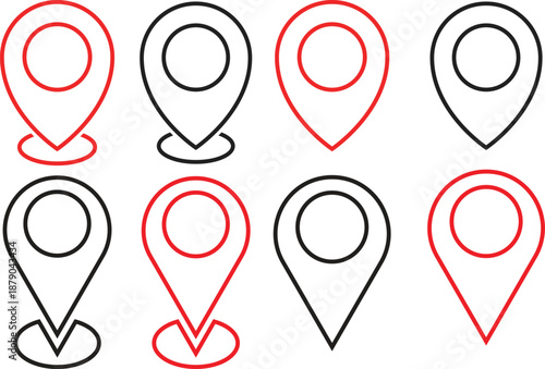  location icon set. tapered bottom shape used in map apps. Map pin place marker.  Position symbol. Point sign collection
