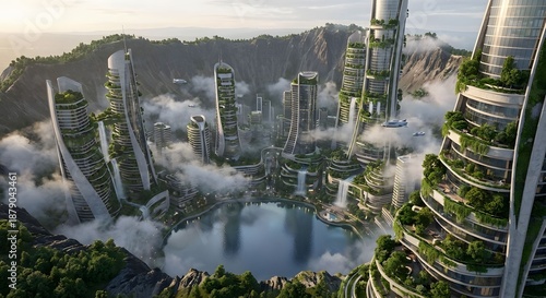 Futuristic Eco-City in a Mountain Valley with Waterfalls and Flying Vehicles amidst Clouds