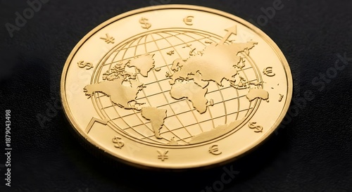 A close-up shot of a golden coin with a world map and various currency symbols including dollar, euro, and yen. The coin is set against a dark, textured background.