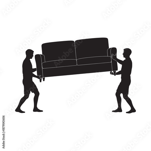 Two men carefully lifting and carrying a large silhouette sofa together